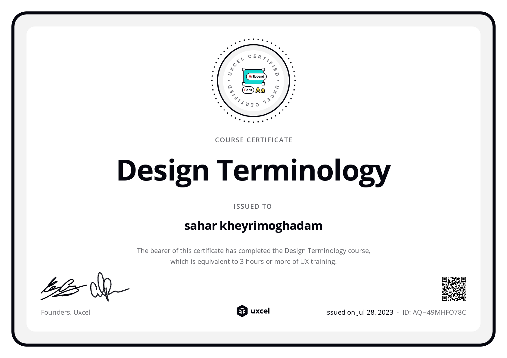 sahar kheyrimoghadam's certificate